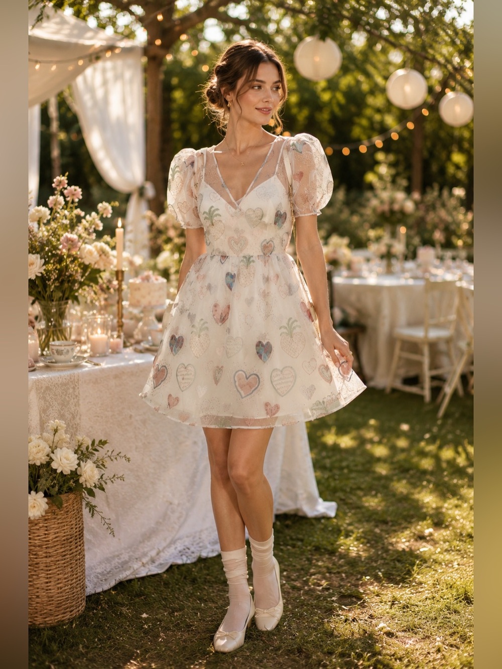 Farm Rio X Anthropologie Semi-Sheer Puff-Sleeve Dress